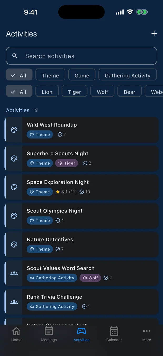 Activity library filtered by type and rank