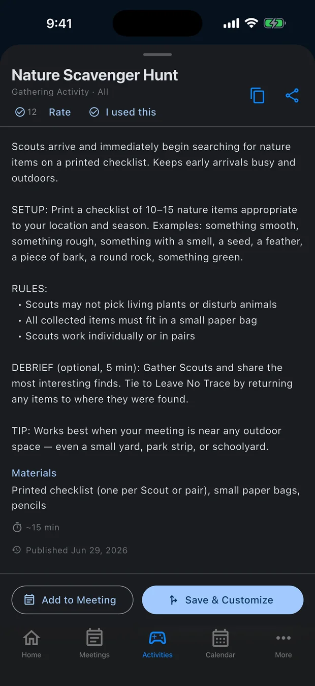 Activity detail with setup, rules, and materials