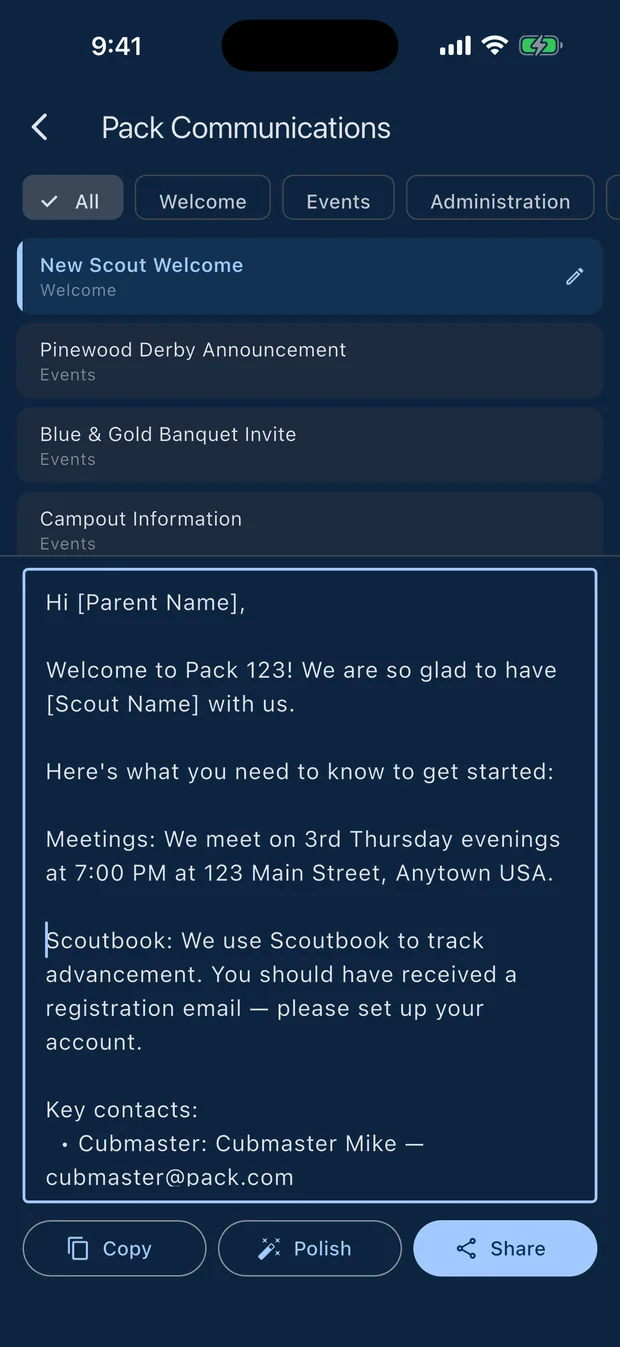 Pack communications templates with copy, polish, and share actions