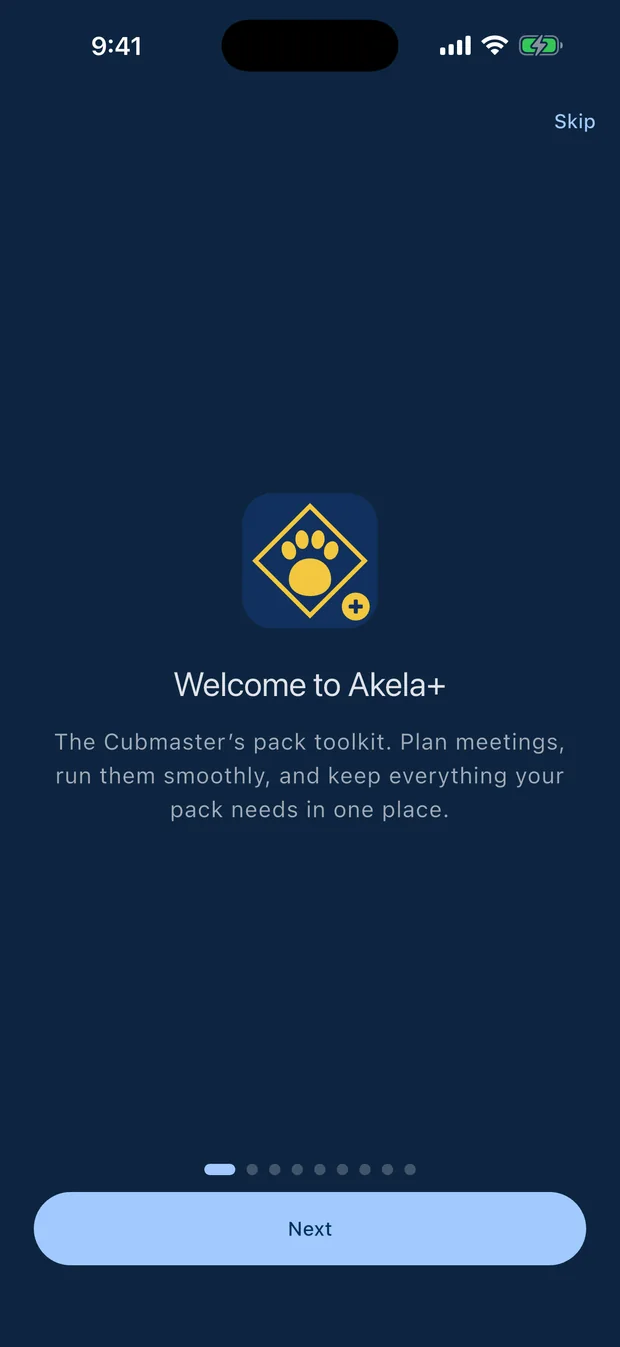 Akela+ welcome screen introducing the pack leader toolkit